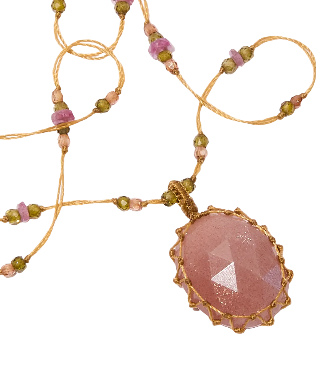 Collier Court Tibétain - Pink Moon Stone - Mix Tourmaline - Fil Beige