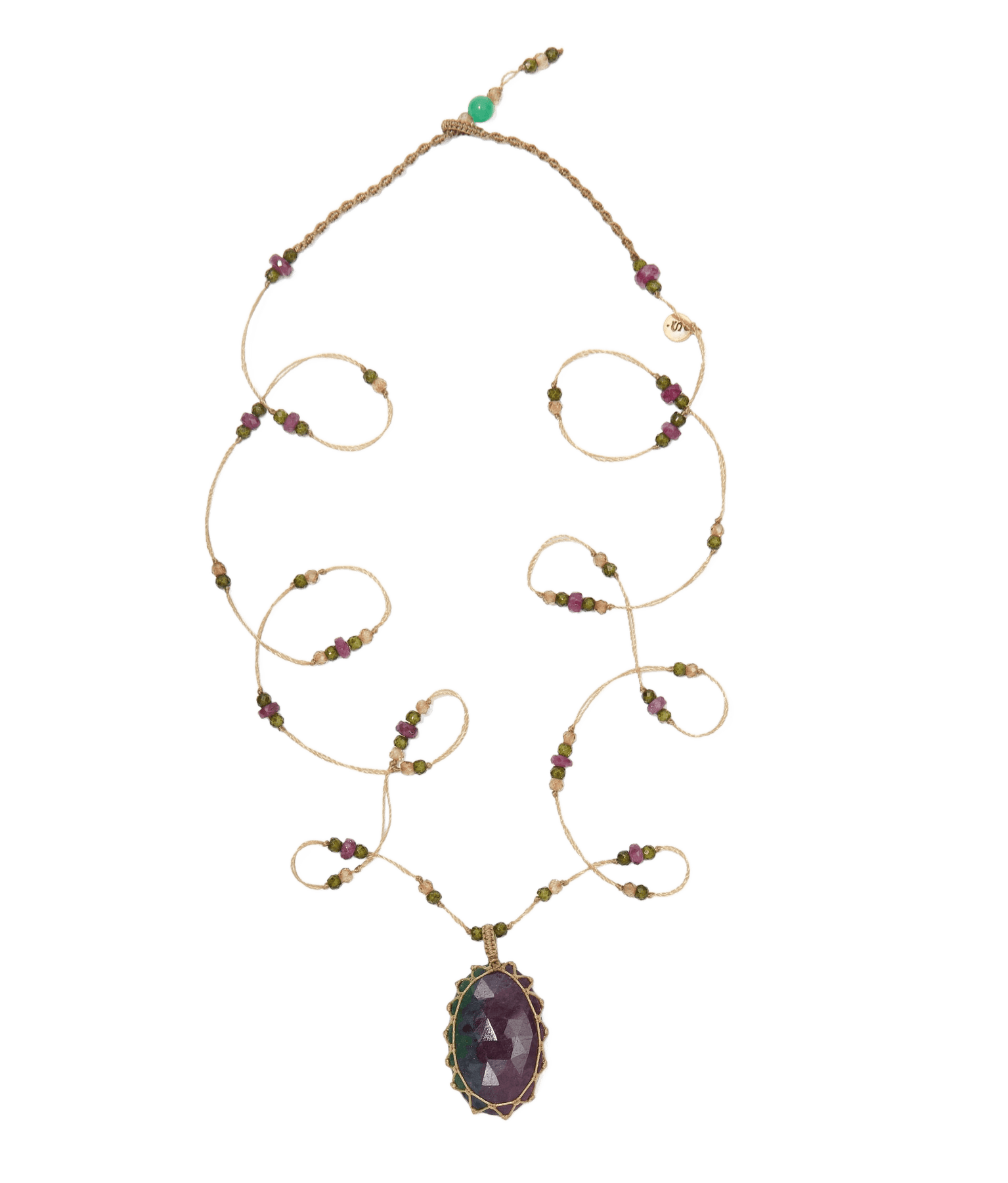 Long Tibetan Necklace - Ruby Zoïsite - Mixed Tourmaline - Beige Thread
