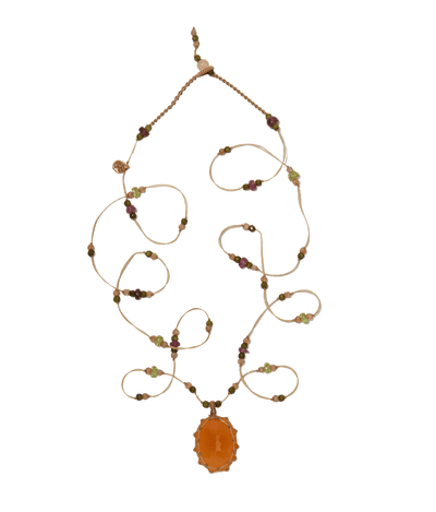 Collana Tibetana Corta - Onice Arancio - Mix Tormalina Rosa - Filo di Tabacco