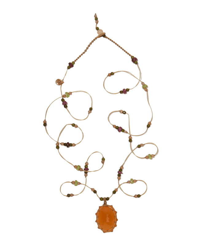 Tibetan Necklace - Orange Onyx - Mix of Tourmaline & Peridot - Beige Thread