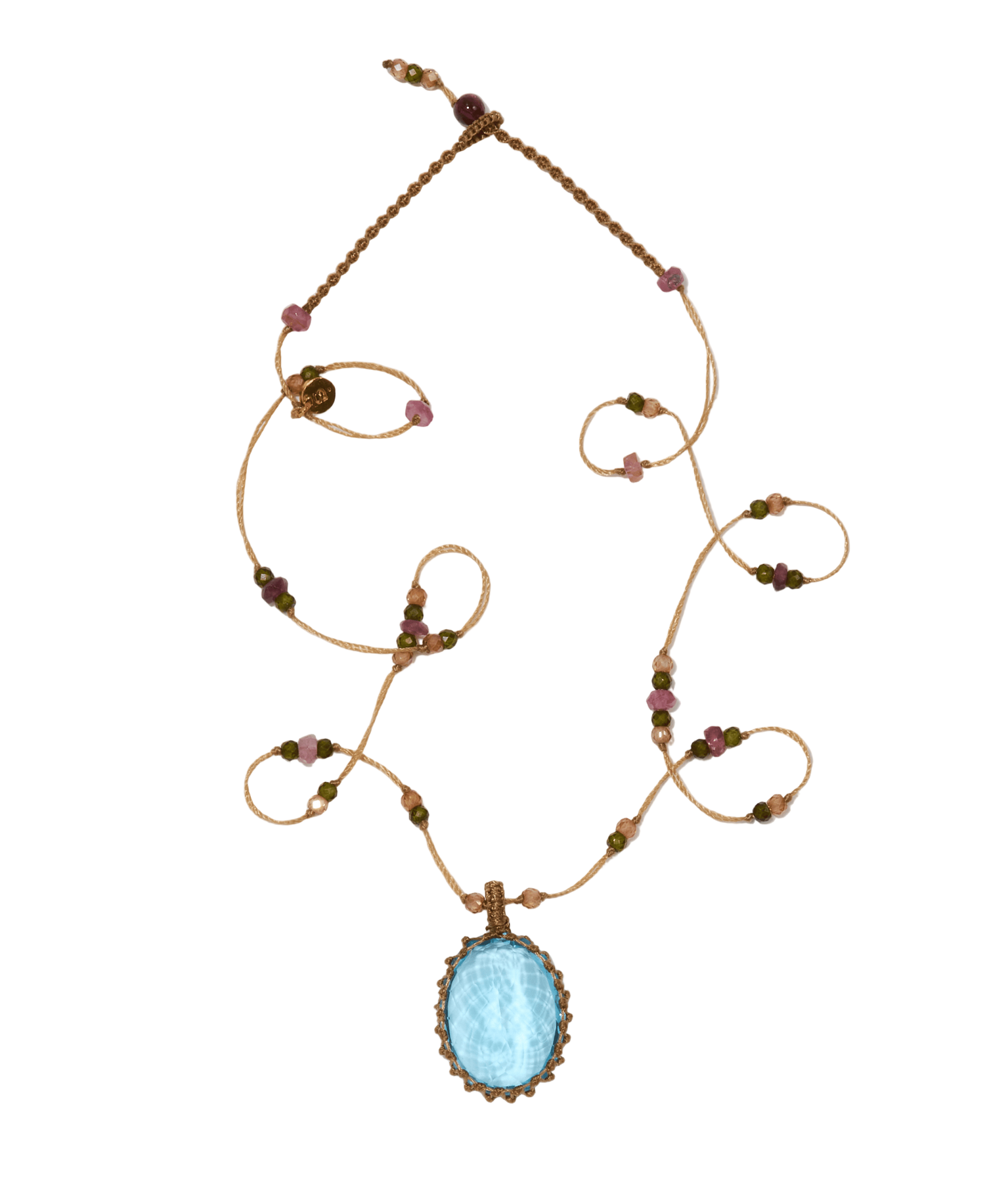 Collier Court Tibétain - Topaze Bleue - Mix Tourmaline - Fil Beige