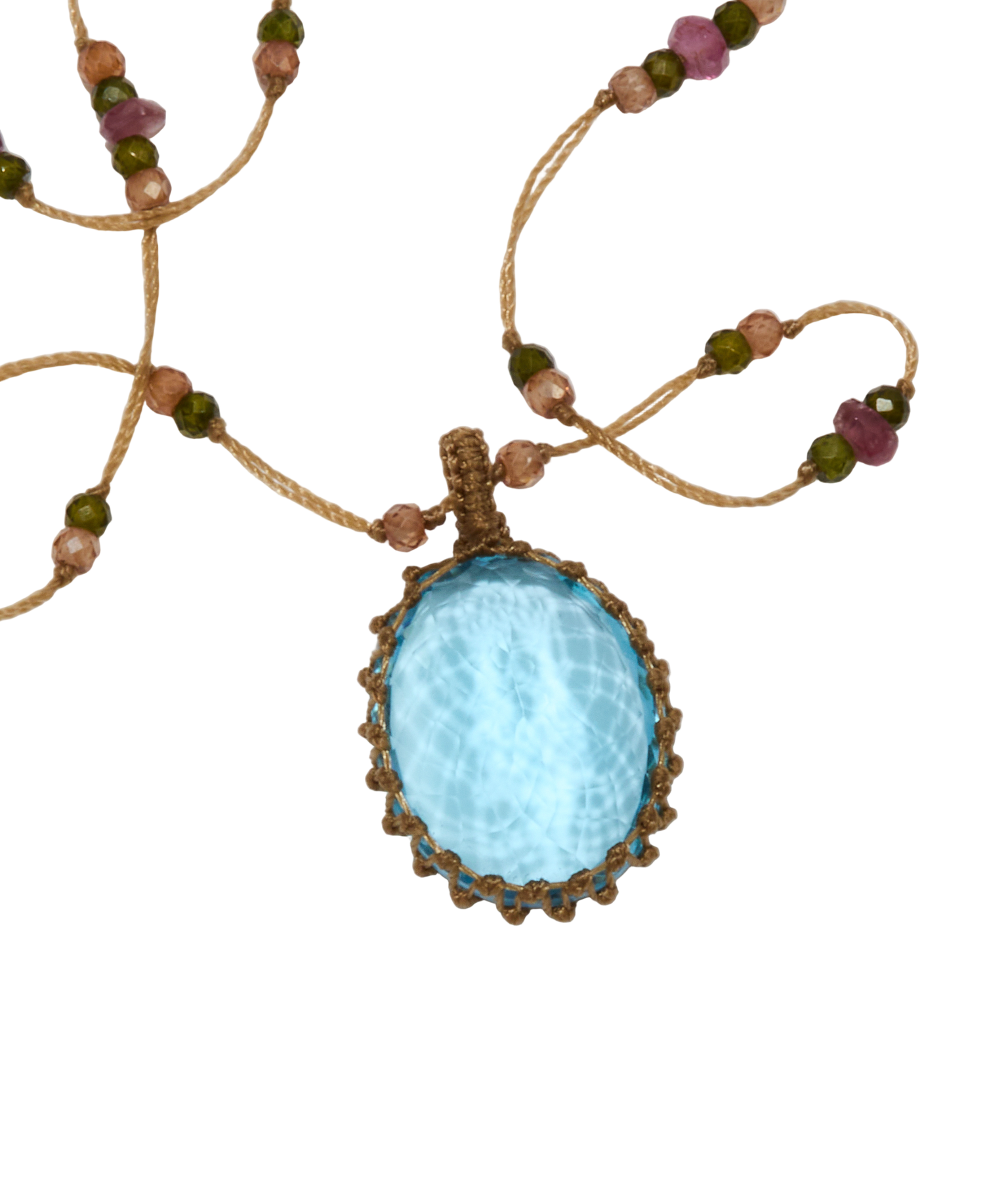 Collier Court Tibétain - Topaze Bleue - Mix Tourmaline - Fil Beige