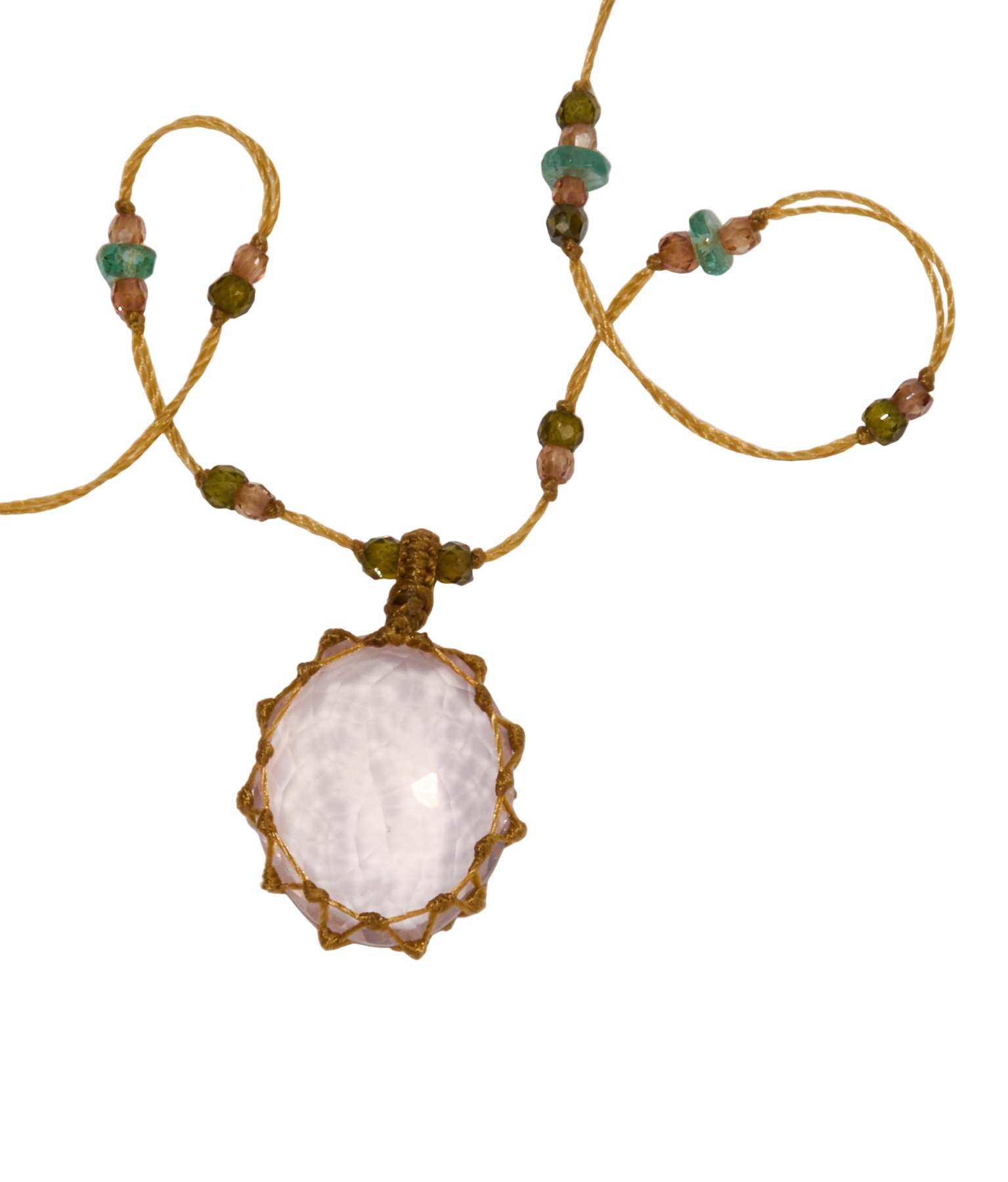 Collier Court Tibétain - Quartz Rose  - Mix Émeraude - Fil Beige