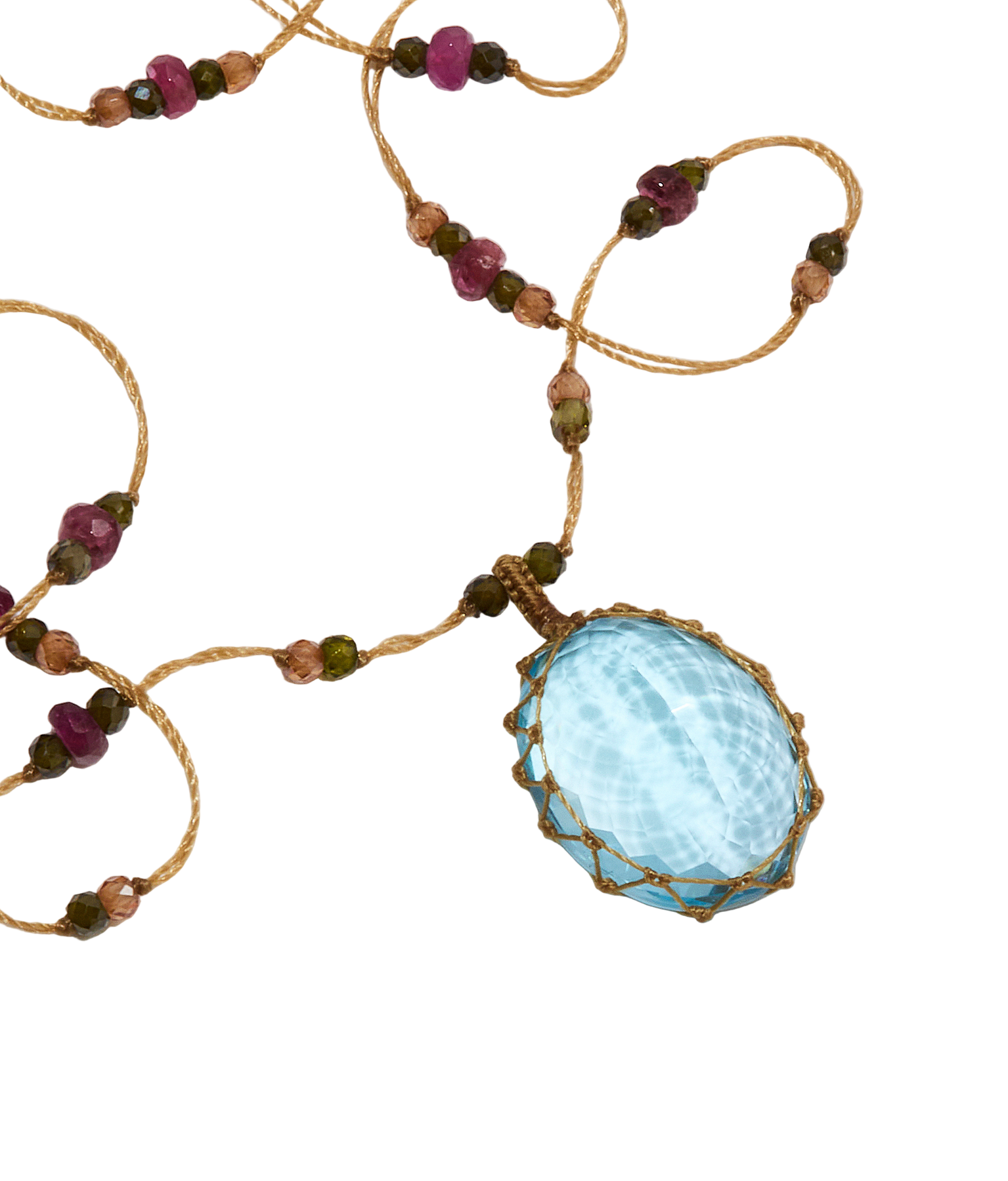 Sautoir Tibétain - Topaze Bleue - Mix Tourmaline - Fil Beige