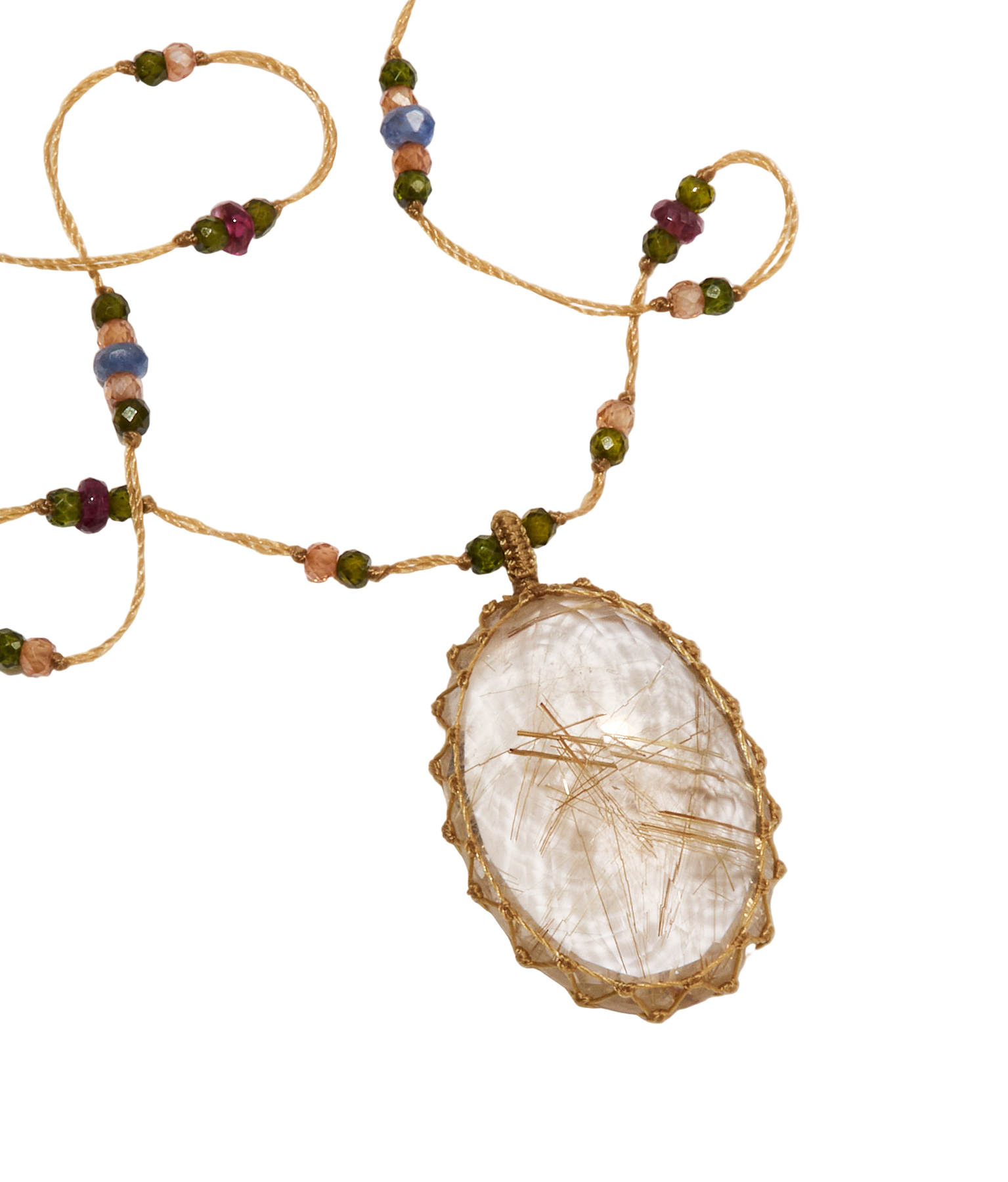Sautoir Tibétain - Rutile Quartz Or - Mix Tourmaline et Saphir - Fil Beige