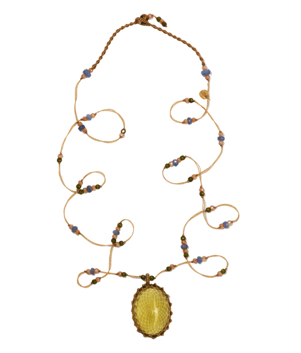 Sautoir Tibétain - Olive Quartz - Mix Saphir - Fil Beige
