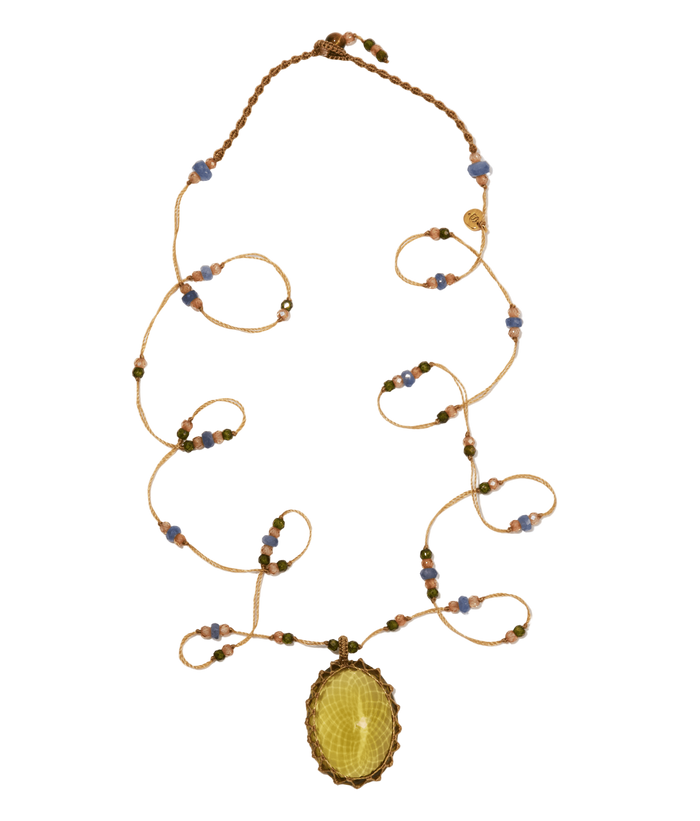 Long Tibetan Necklace - Olive Quartz - Sapphire Mix - Beige Thread