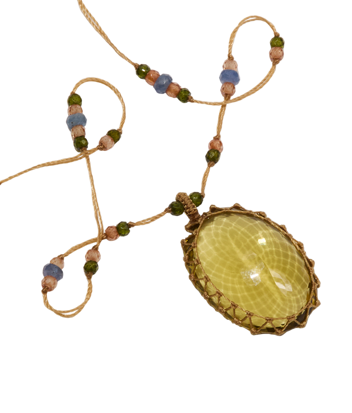 Long Tibetan Necklace - Olive Quartz - Sapphire Mix - Beige Thread