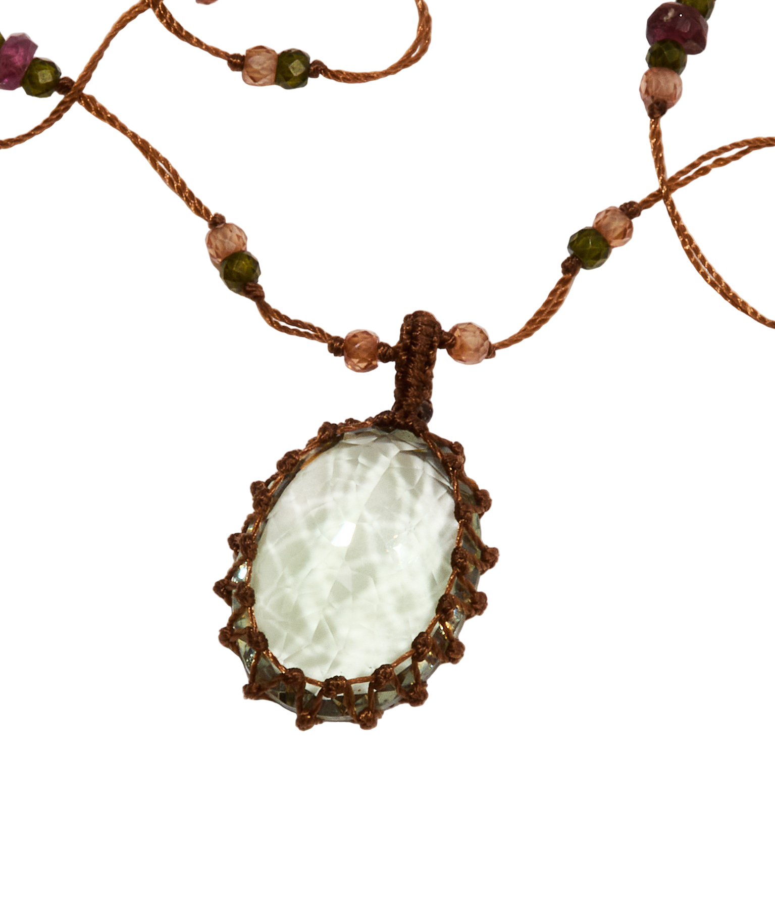 Collier Court Tibétain - Améthyste Verte - Mix Tourmaline - Fil Tabac