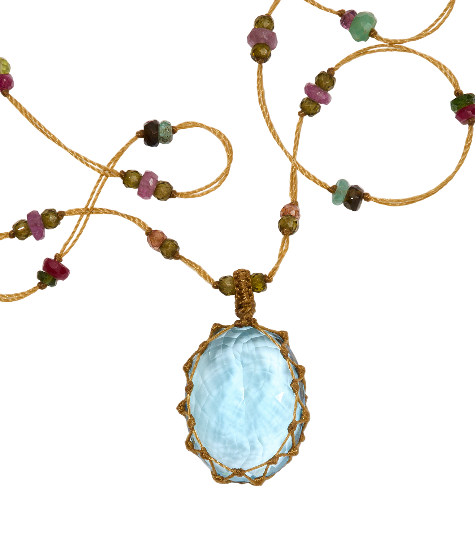 Sautoir Tibétain - Topaze Bleue - Mix Multi-Pierres - Fil Beige