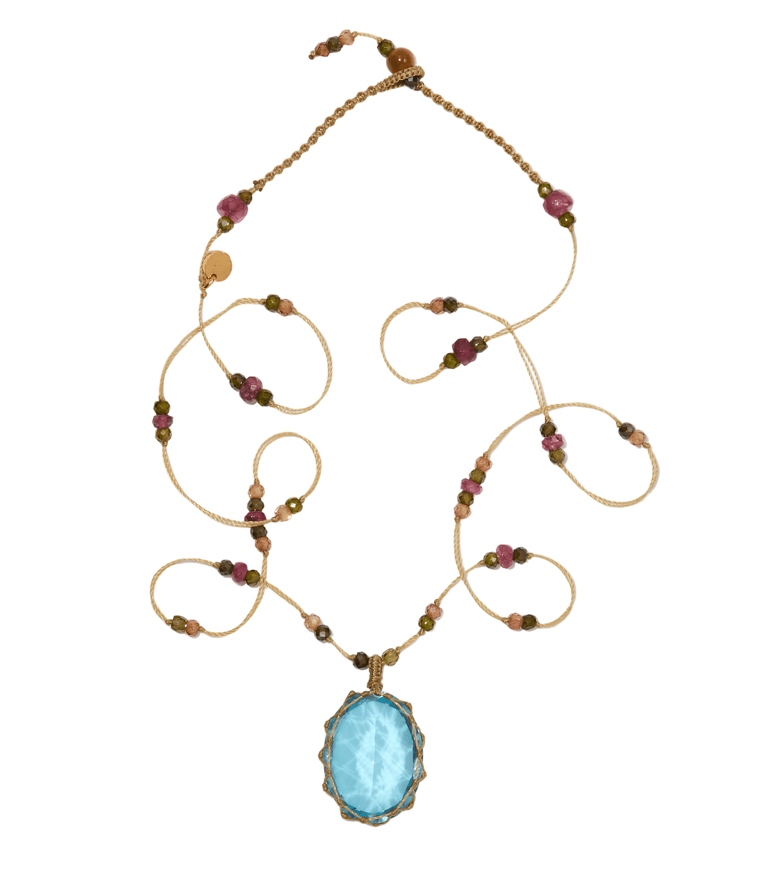 Collier Court Tibétain - Topaze Bleue Dublet - Mix Tourmaline - Fil Beige