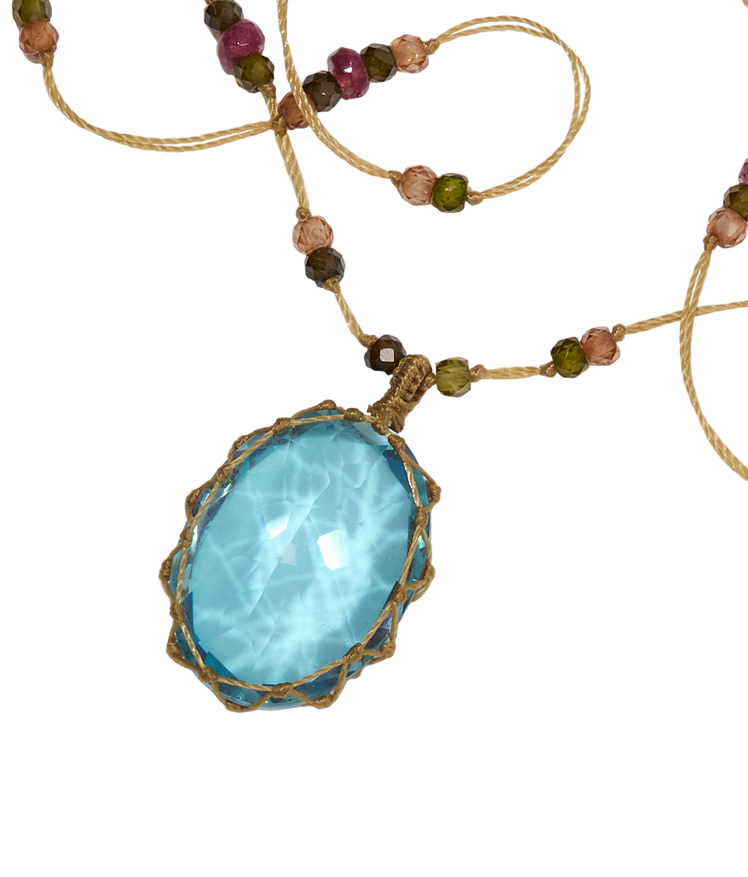 Collier Court Tibétain - Topaze Bleue Dublet - Mix Tourmaline - Fil Beige