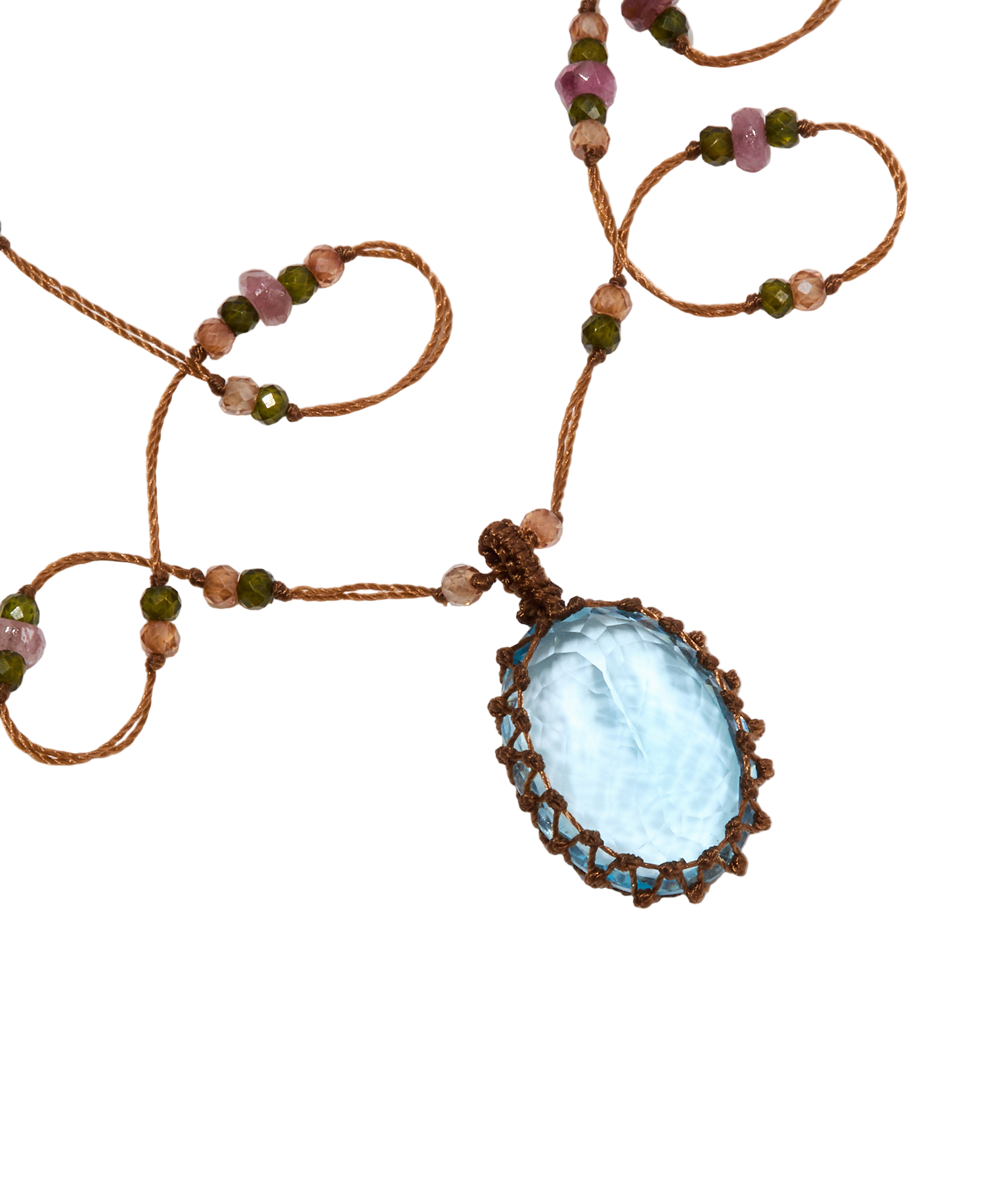 Collier Court Tibétain - Topaze Bleue - Mix Tourmaline - Fil Tabac