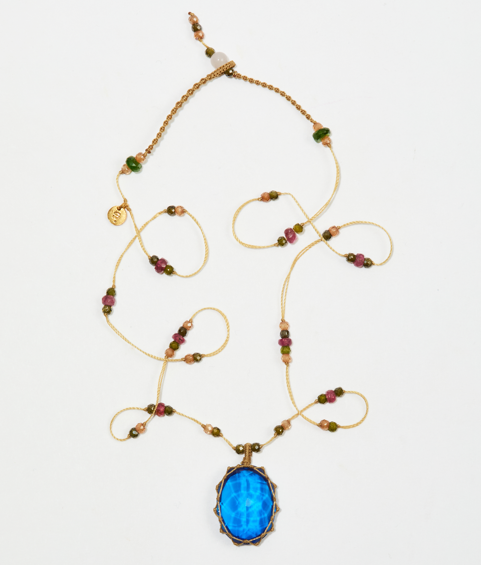Collier Court Tibétain - Tanzanite Dublet - Mix Tourmaline - Fil Beige