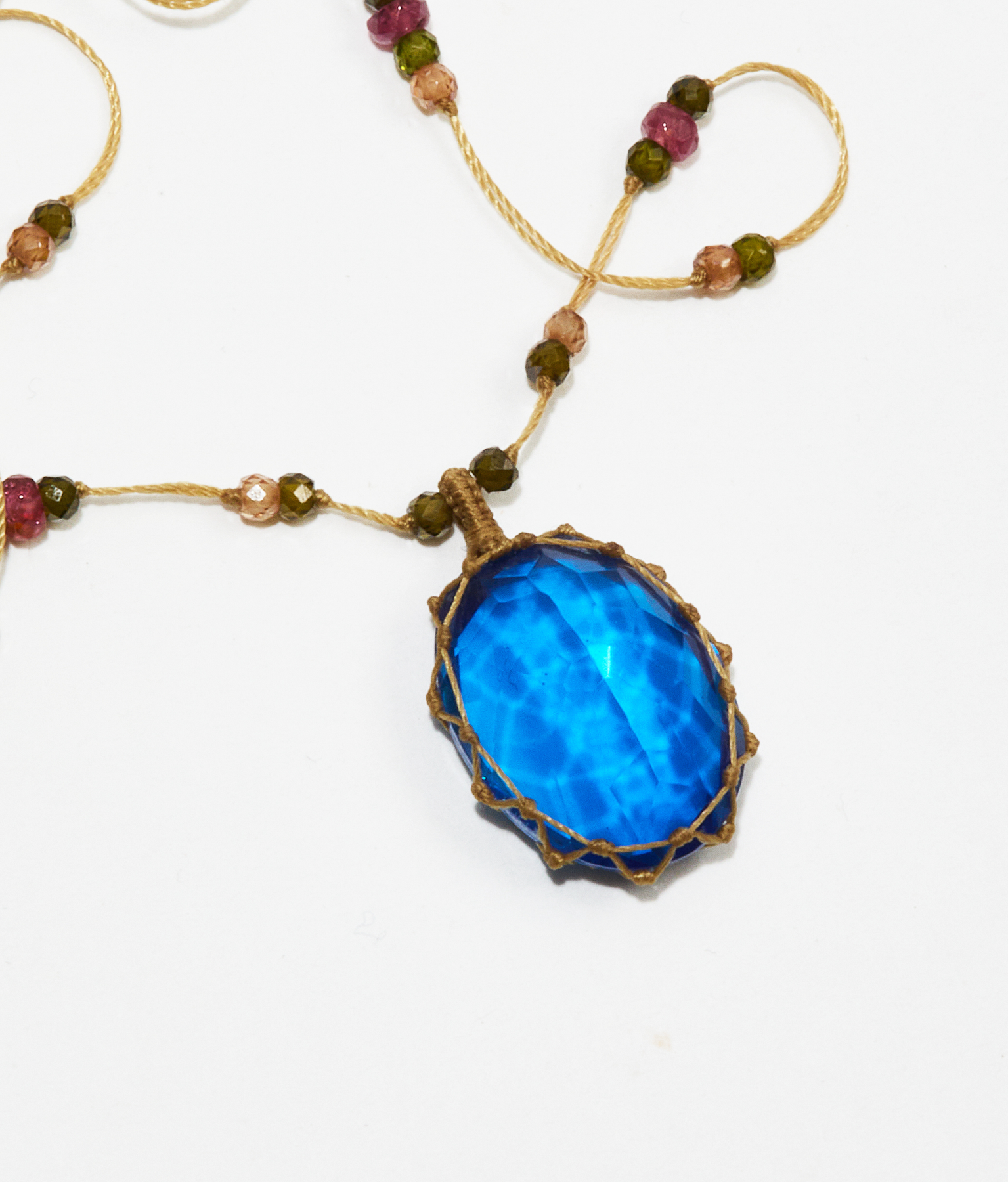 Collier Court Tibétain - Tanzanite Dublet - Mix Tourmaline - Fil Beige