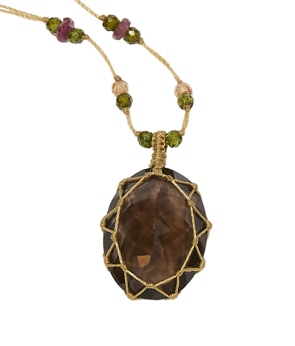 Collier Court Tibétain - Quartz fumé - Mix Tourmaline - Fil Beige
