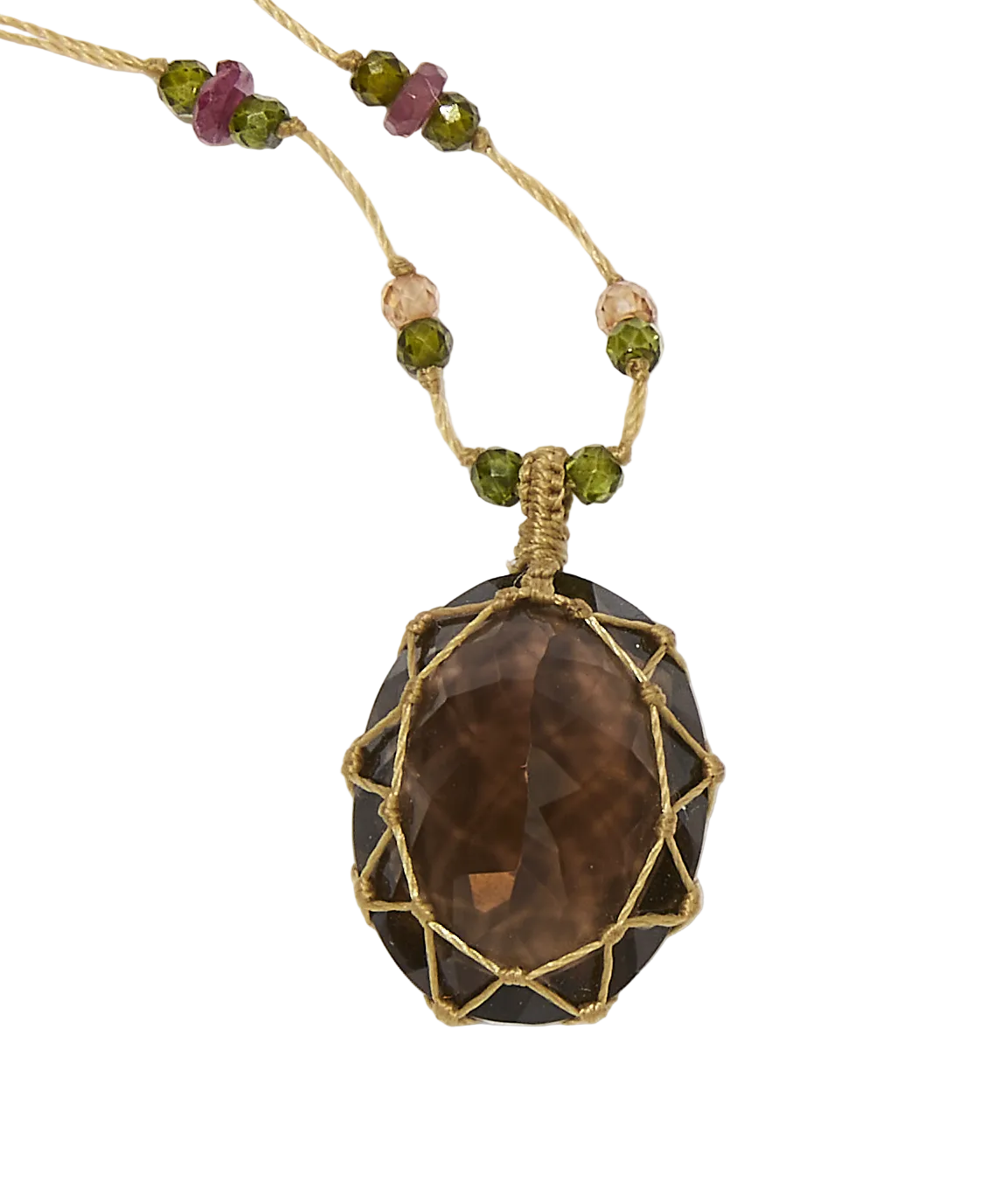 Collier Court Tibétain - Quartz fumé - Mix Tourmaline - Fil Beige