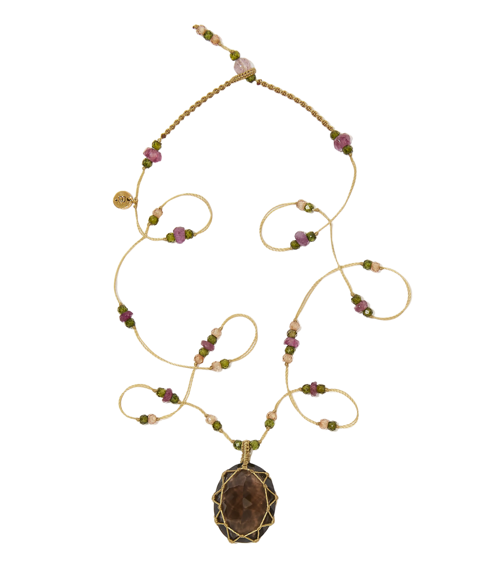 Collier Court Tibétain - Quartz fumé - Mix Tourmaline - Fil Beige