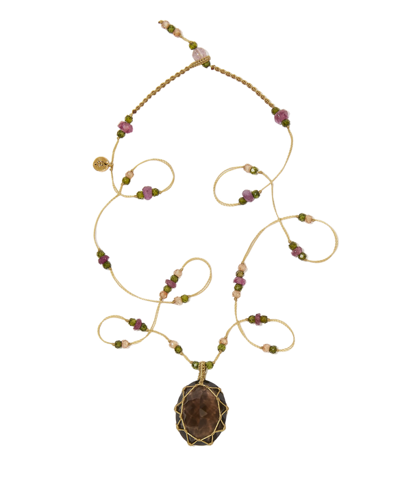 Collier Court Tibétain - Quartz fumé - Mix Tourmaline - Fil Beige