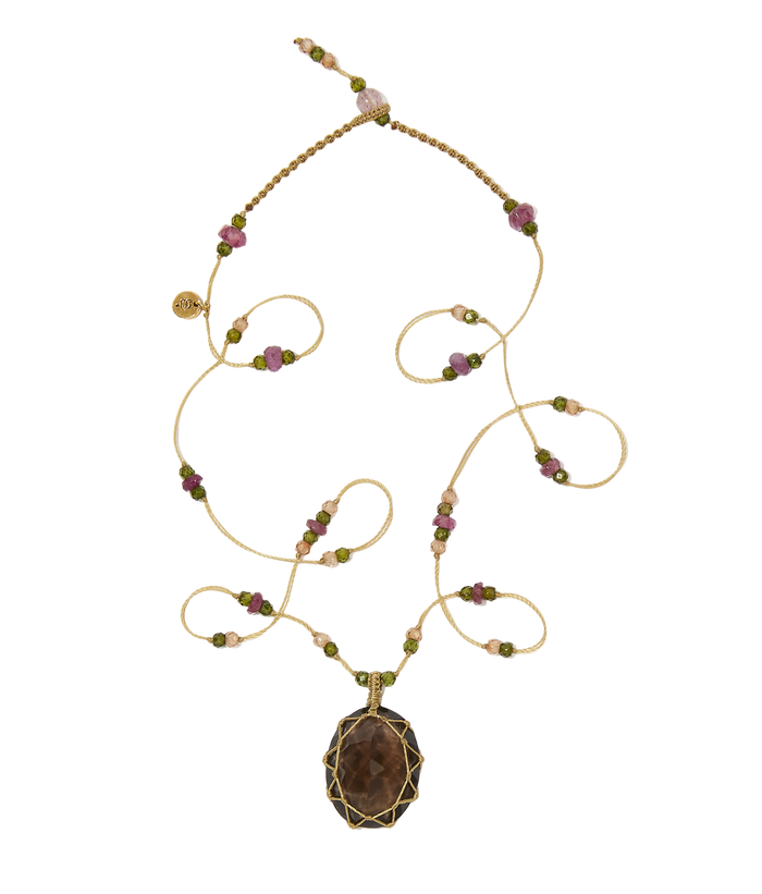 Collier Court Tibétain - Quartz fumé - Mix Tourmaline - Fil Beige