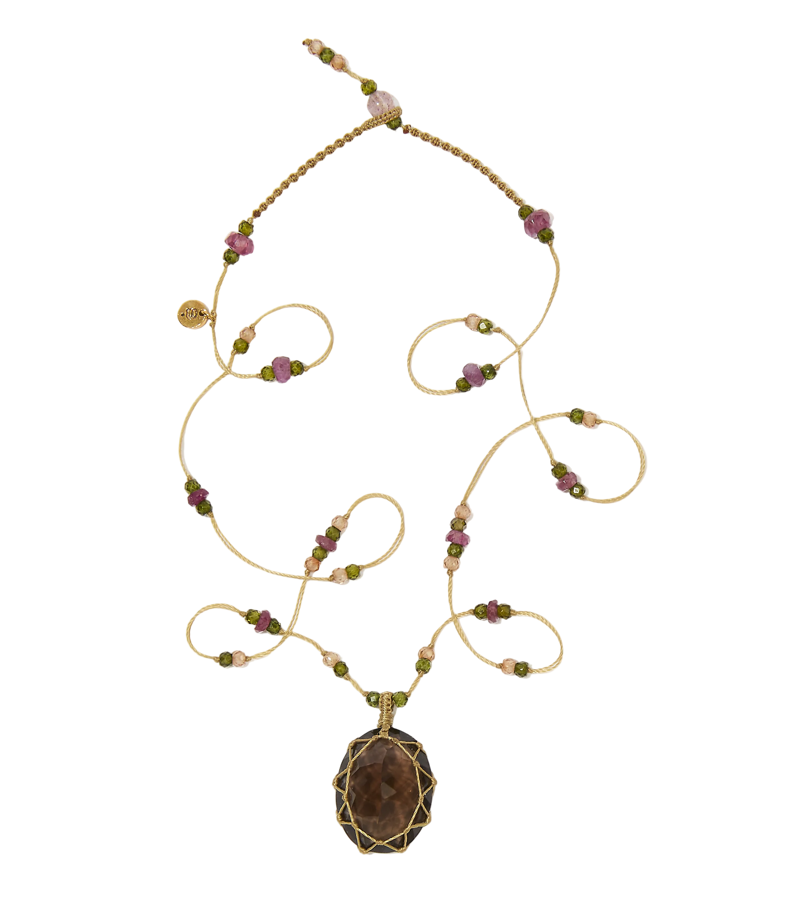 Collier Court Tibétain - Quartz fumé - Mix Tourmaline - Fil Beige