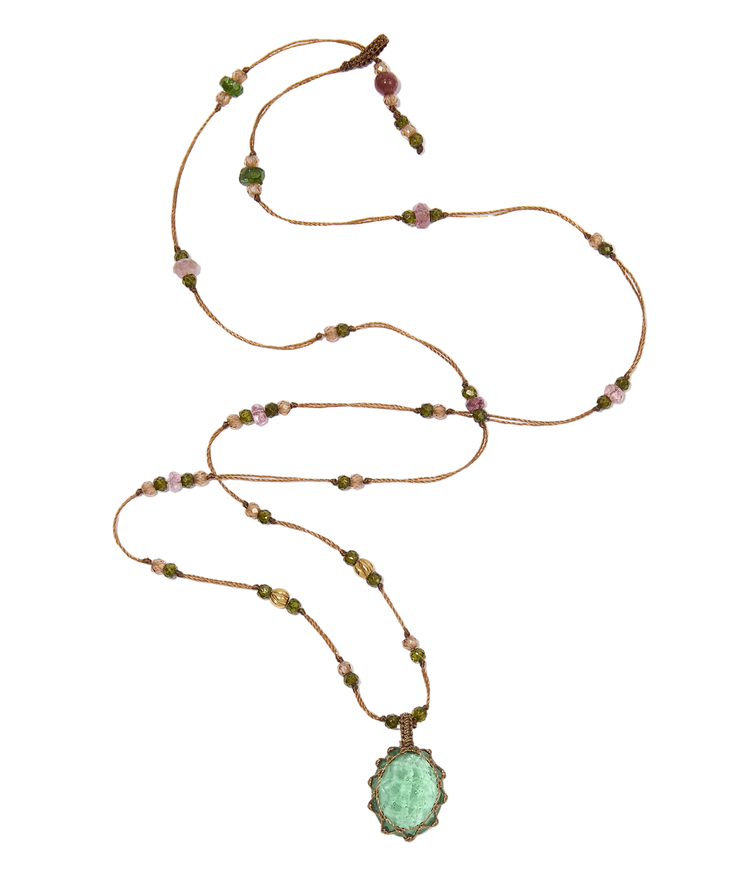 Collier tibétain So Precious - Ancient Roman Glass - Mix tourmaline Rose - Fil Tabac