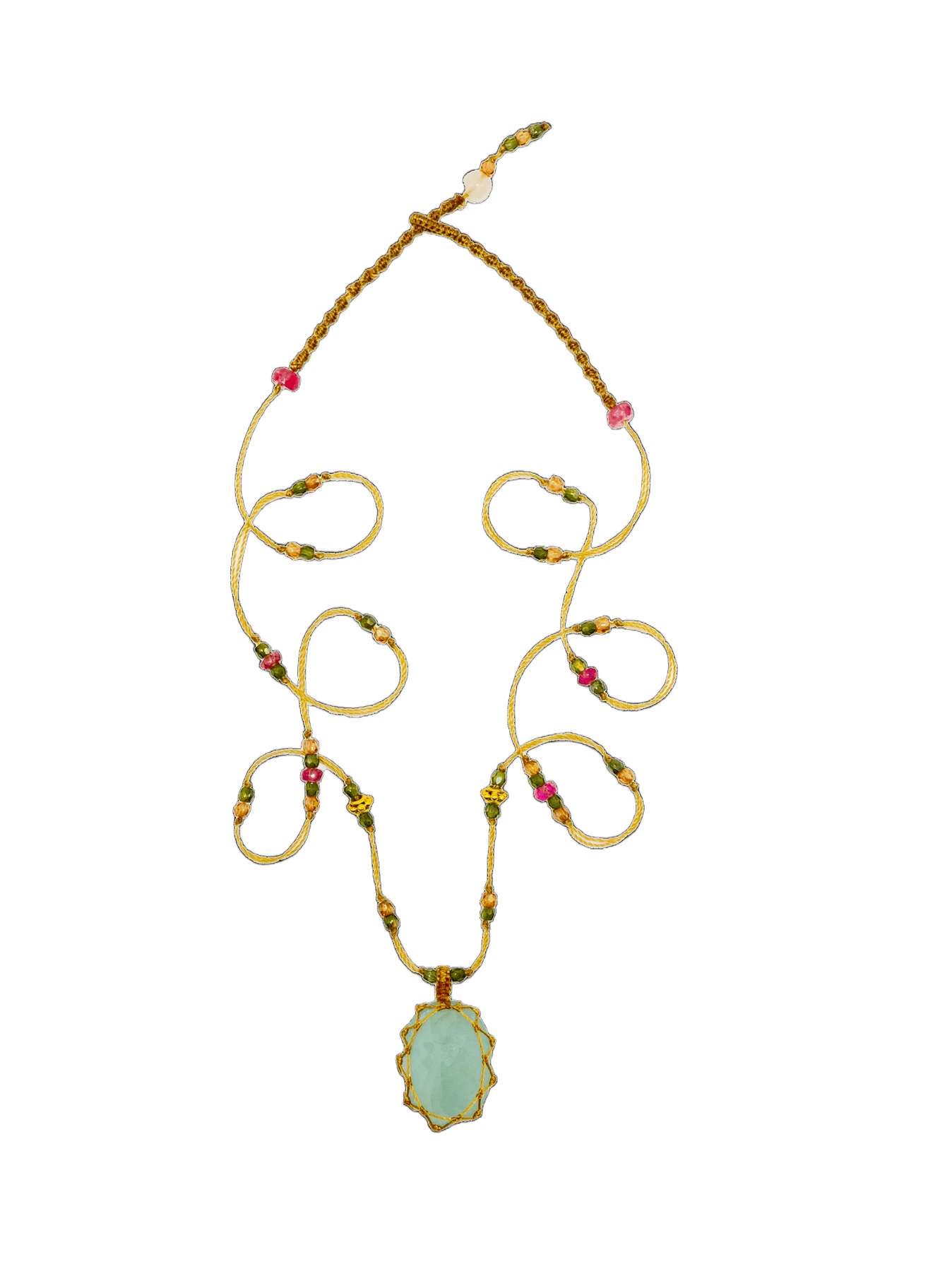 Collier Court Tibétain Sharing en Aigue-Marine, fil beige, 53 cm