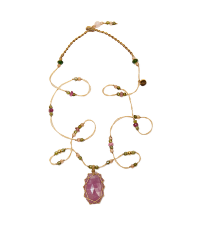 So Precious Collier Court Tibétain - Corundum Rose - Mix Tourmaline - Fil Beige