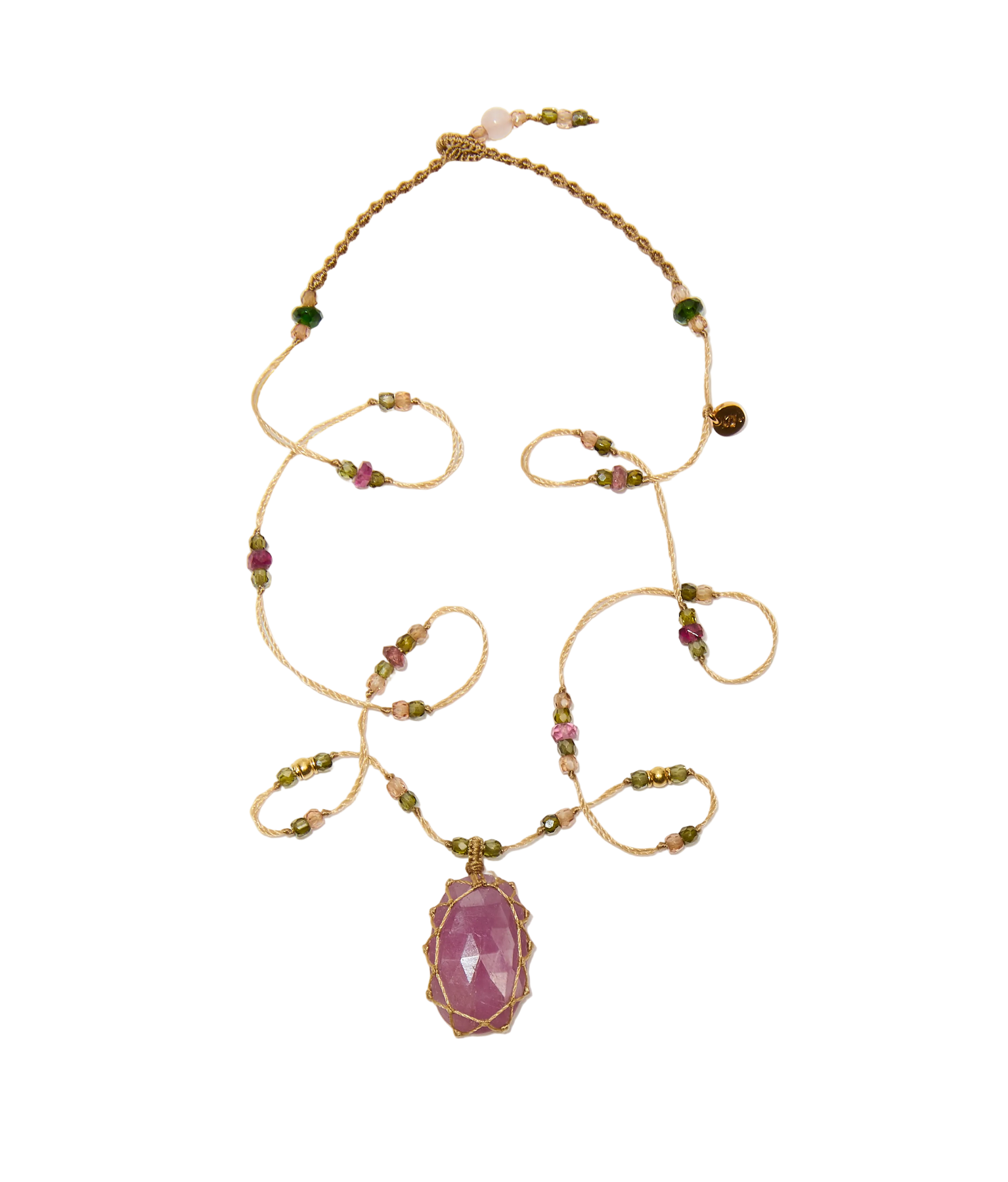 Collier Court Tibétain Sharing en Corundum Rose, fil beige, 53 cm