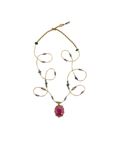 Collier tibétain So Precious - Corundum Rose Glassfield - Mix Tsavorite & Zircons violets - Fil Beige