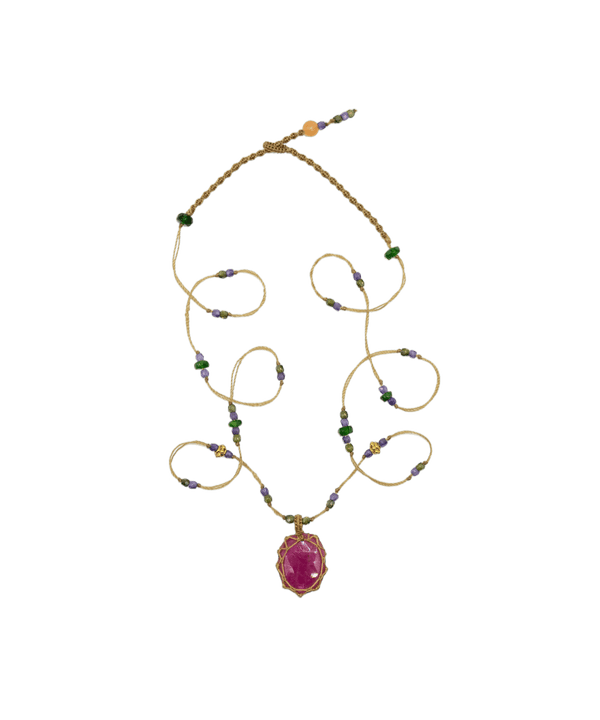 Collier tibétain So Precious - Corundum Rose Glassfield - Mix Tsavorite & Zircons violets - Fil Beige