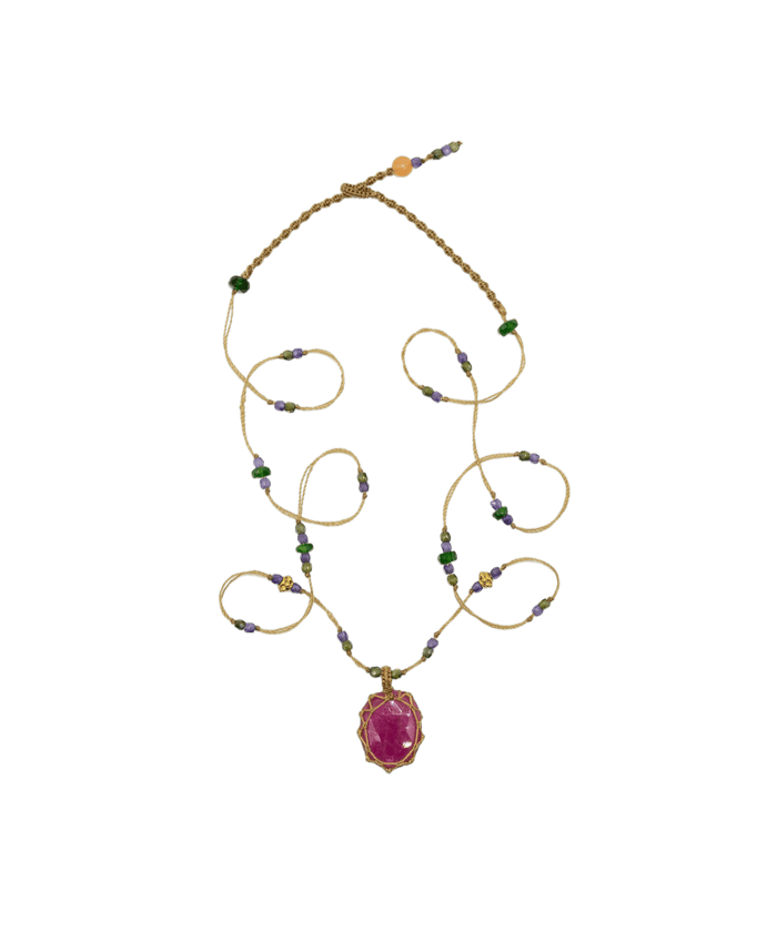 Collier tibétain So Precious - Corundum Rose Glassfield - Mix Tsavorite & Zircons violets - Fil Beige