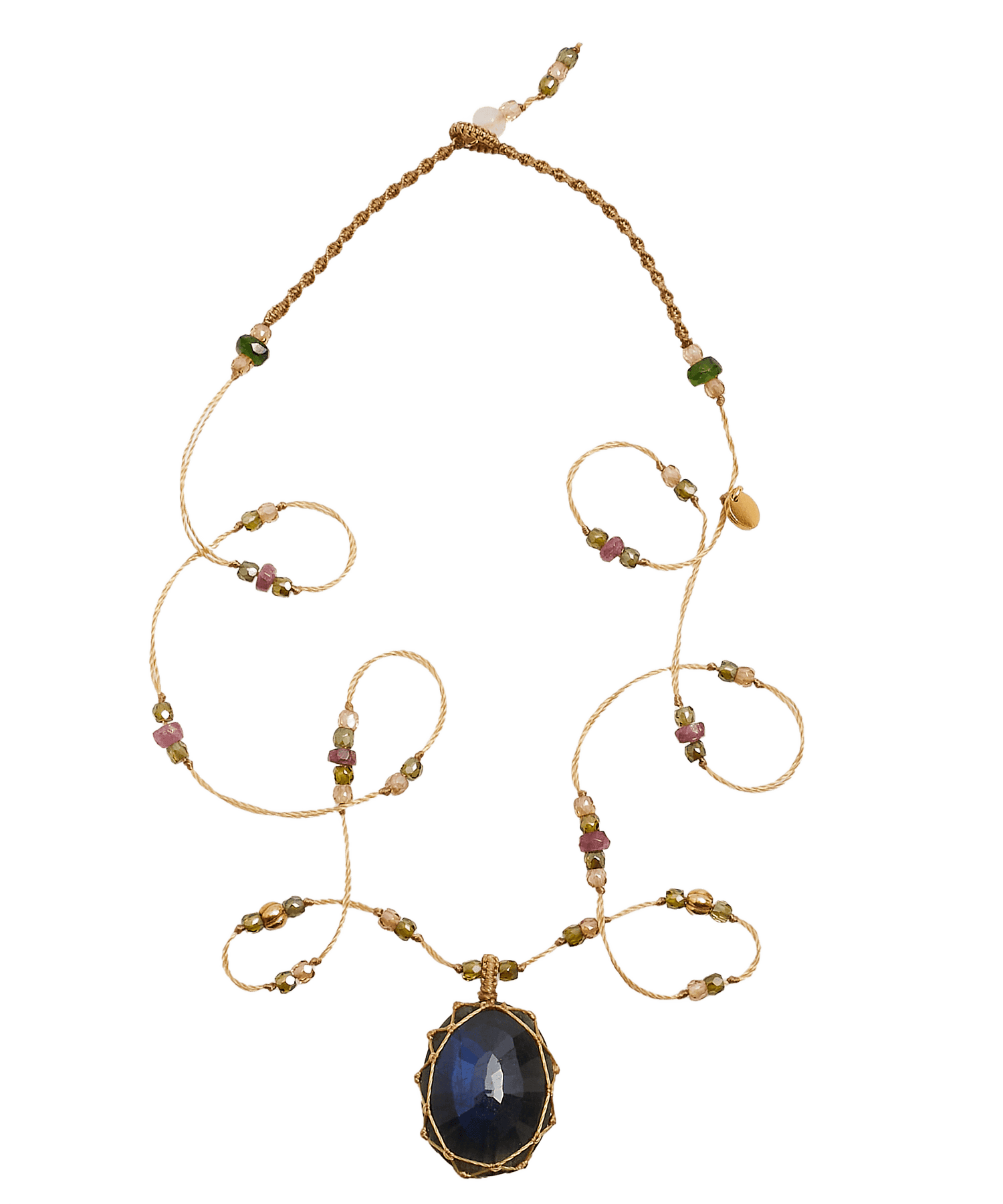 Collier Court Tibétain Sharing en Labradorite, fil beige