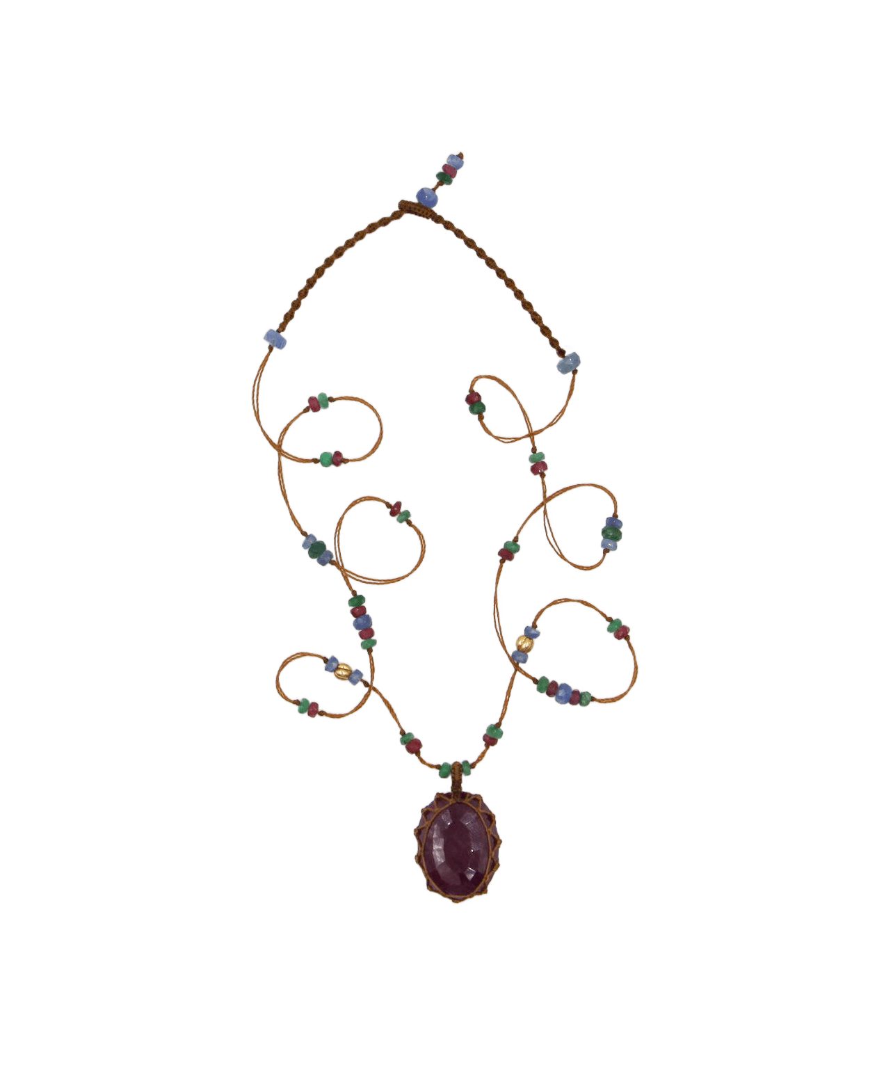 Collier Court Tibétain Sharing en Rubis, fil tabac, 53 cm