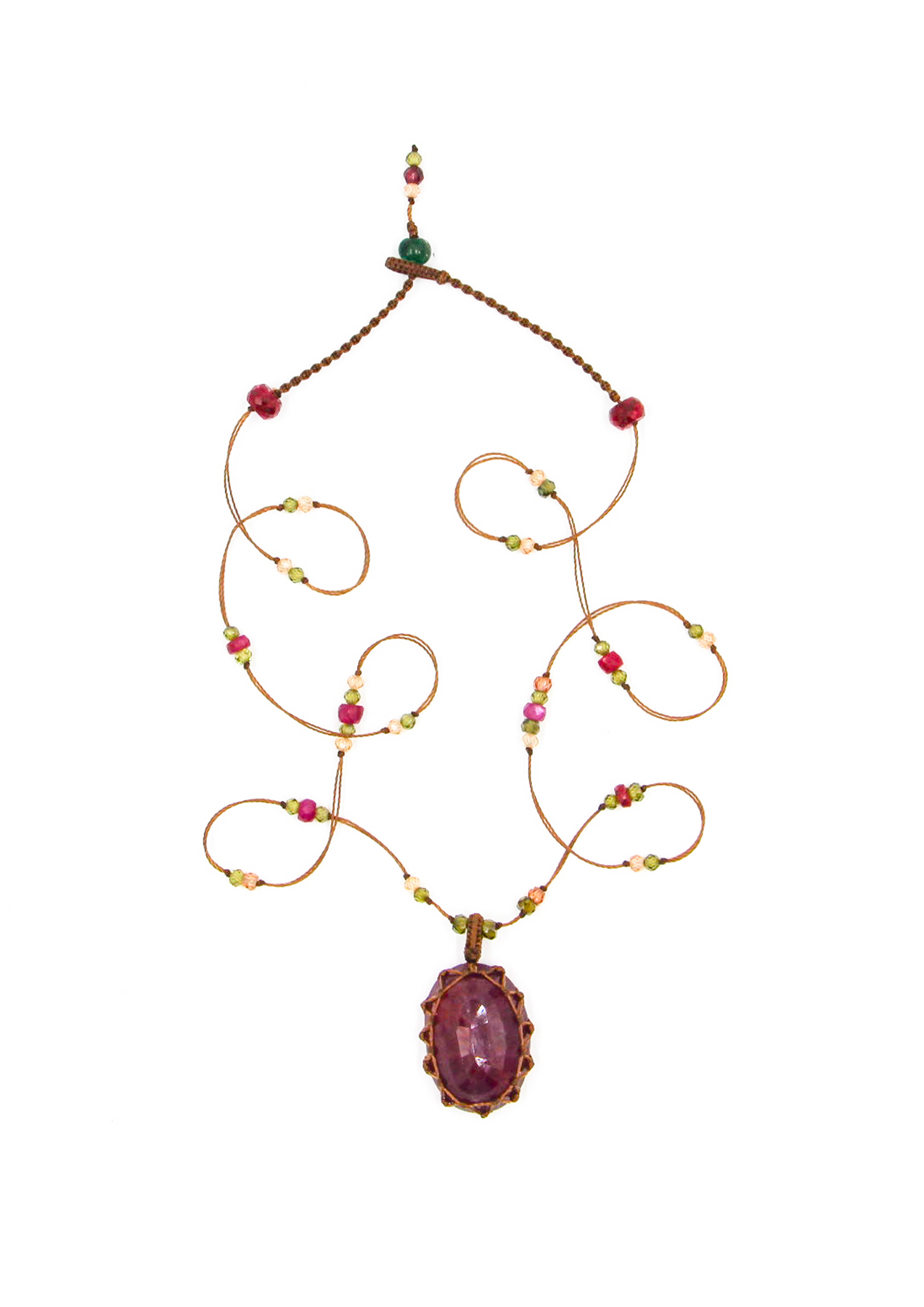 Collier Court Tibétain - Glassfilled Rose - Mix Rubis - Fil Tabac