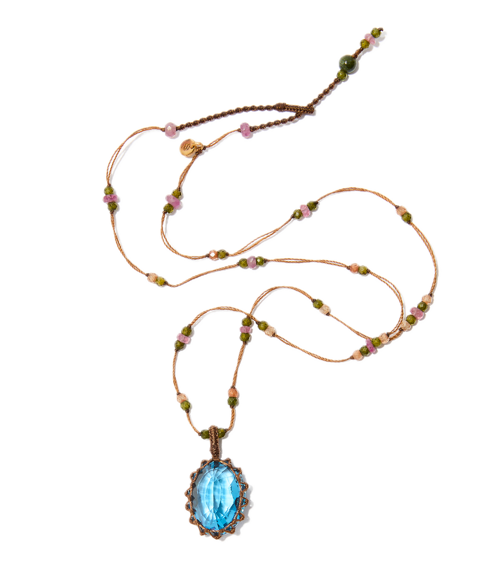 Collier court tibétain - Topaze Swiss Bleue - Mix Tourmaline Rose - Fil Tabac