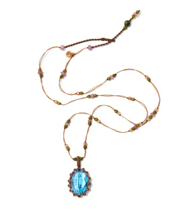 Collier court tibétain - Topaze Swiss Bleue - Mix Tourmaline Rose - Fil Tabac