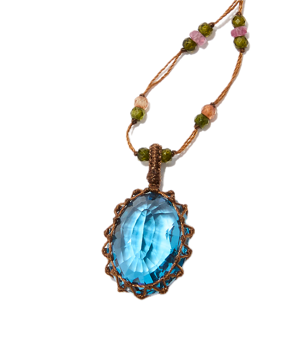 Collier court tibétain - Topaze Swiss Bleue - Mix Tourmaline Rose - Fil Tabac