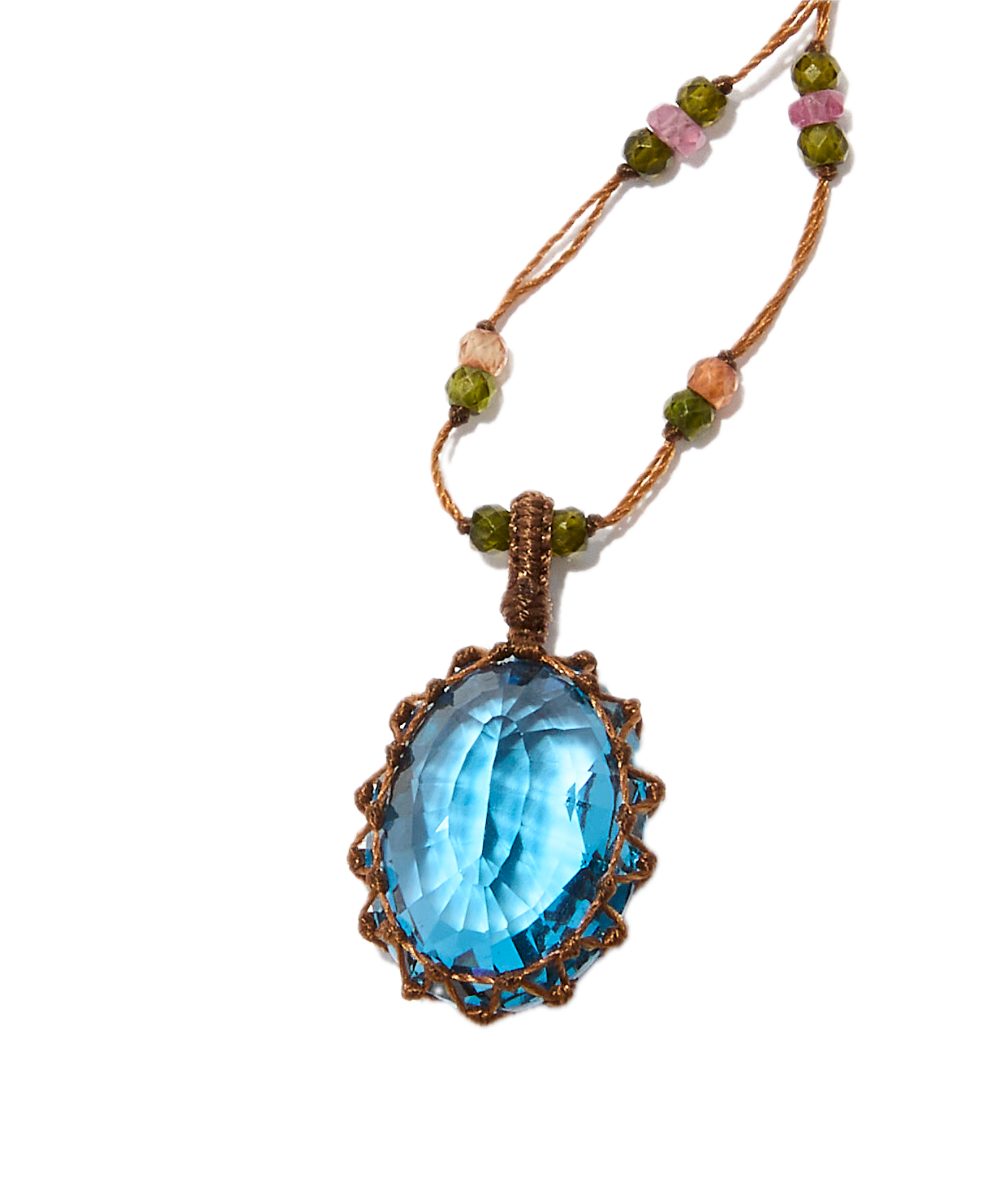 Collier court tibétain - Topaze Swiss Bleue - Mix Tourmaline Rose - Fil Tabac