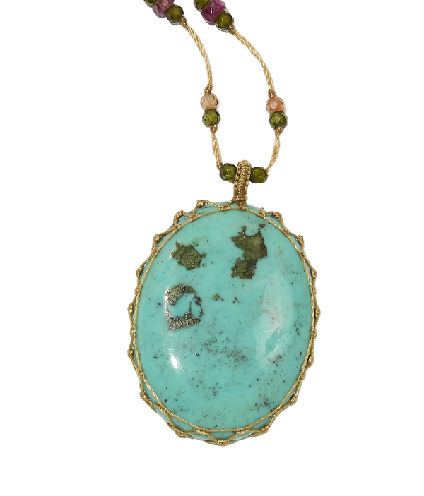 Sautoir Tibétain - Turquoise - Mix Tourmaline Rose - Fil Beige