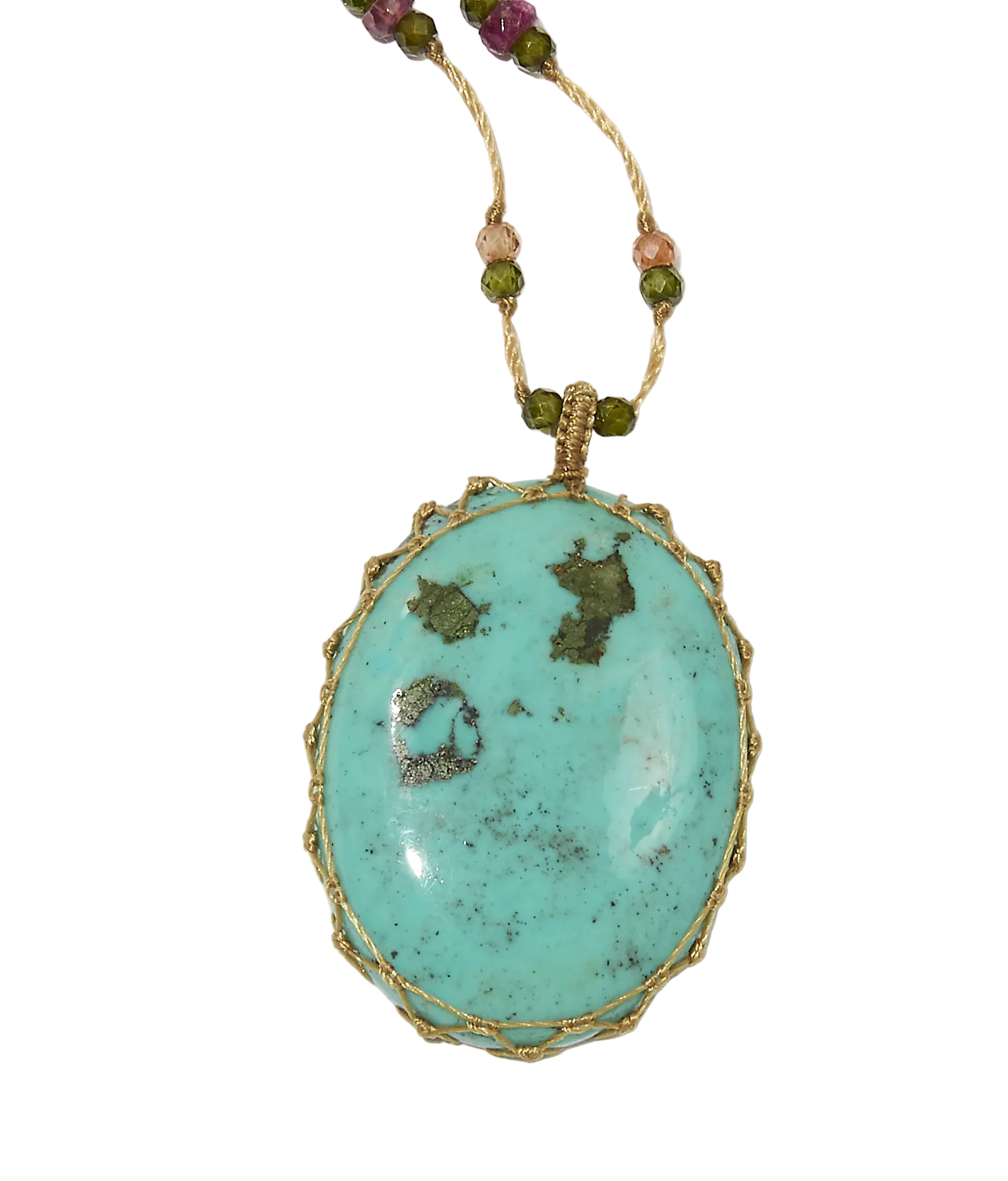 Sautoir Tibétain - Turquoise - Mix Tourmaline Rose - Fil Beige