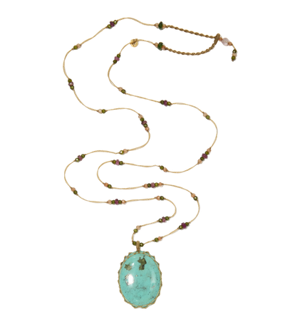 Sautoir Tibétain - Turquoise - Mix Tourmaline Rose - Fil Beige