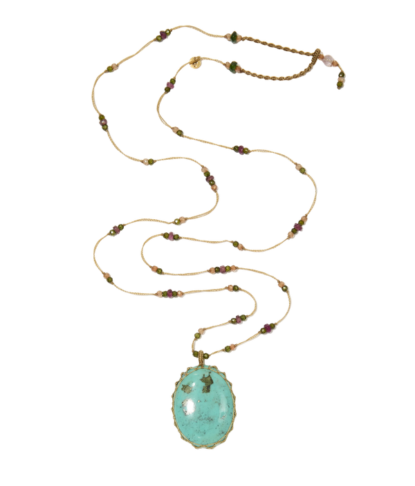 Sautoir Tibétain - Turquoise - Mix Tourmaline Rose - Fil Beige