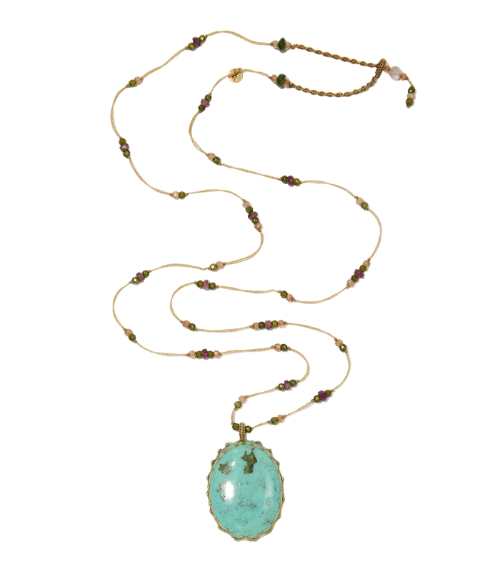 Sautoir Tibétain - Turquoise - Mix Tourmaline Rose - Fil Beige