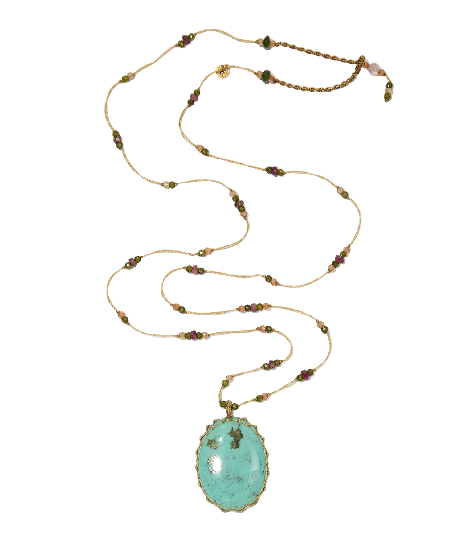 Sautoir Tibétain - Turquoise - Mix Tourmaline Rose - Fil Beige
