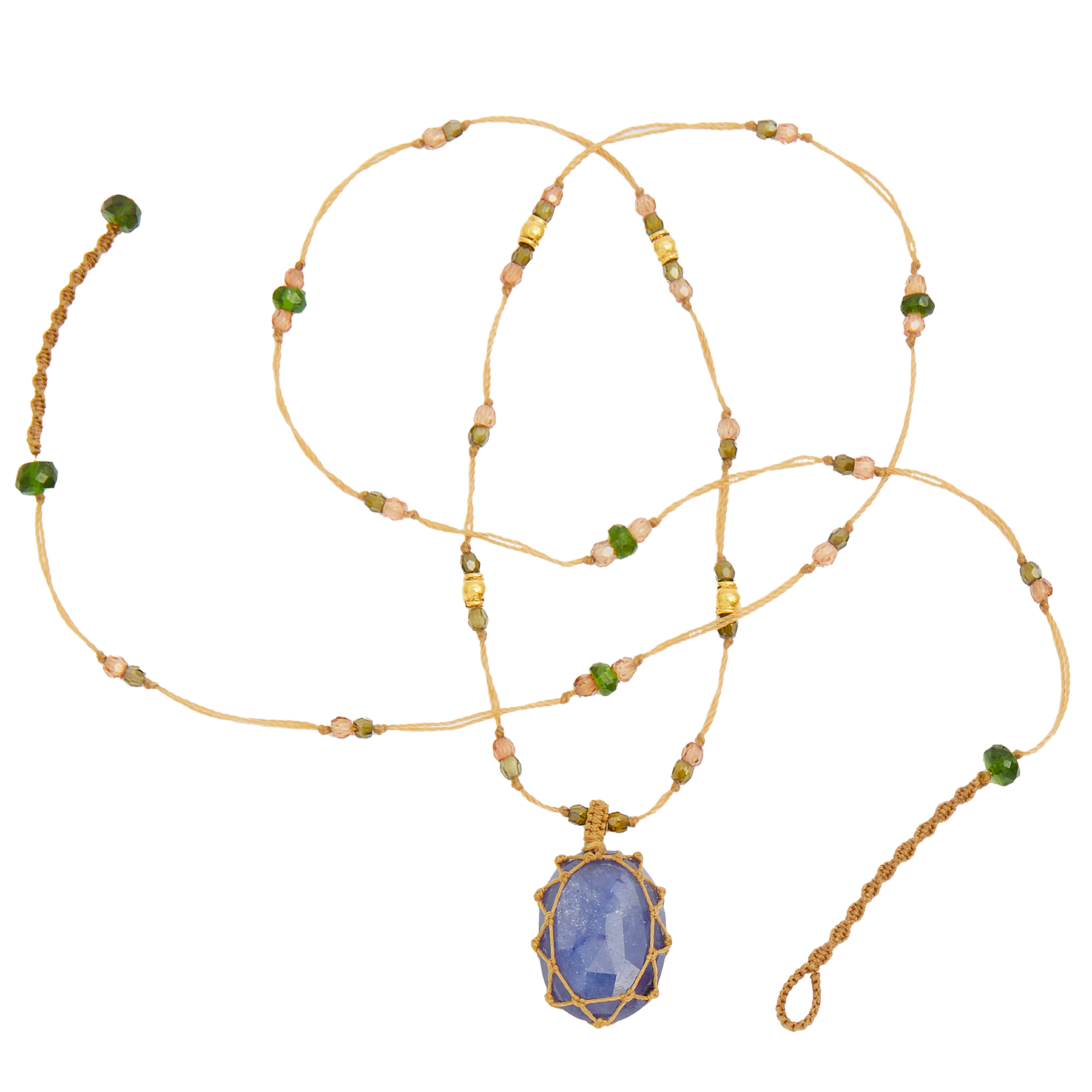 So Precious Collier Court Tibétain - Corundum Saphir Bleu  - Mix Tsavorite - Fil Beige