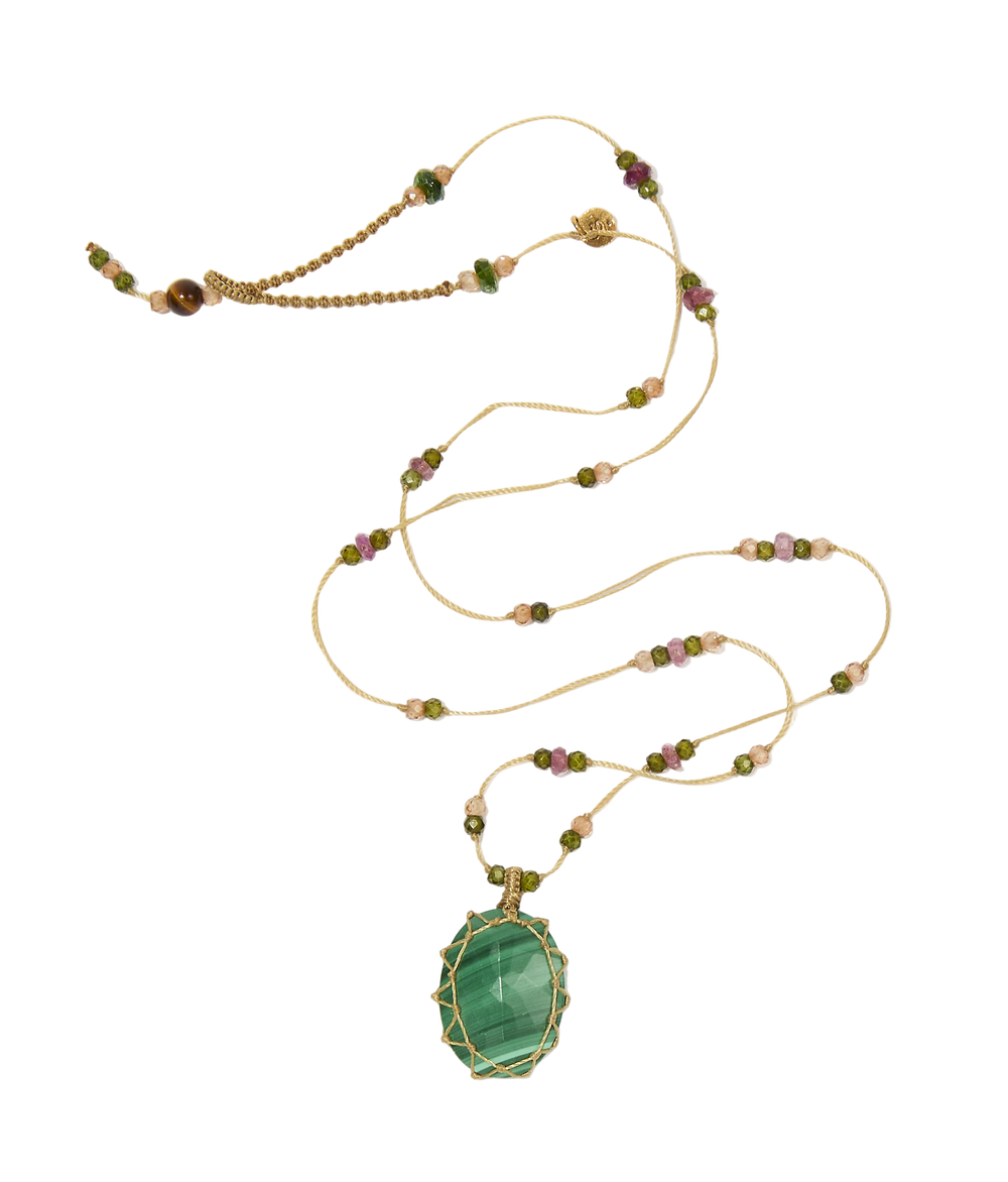 Collier court tibétain - Malachite - Mix Tourmaline Rose - Fil Beige