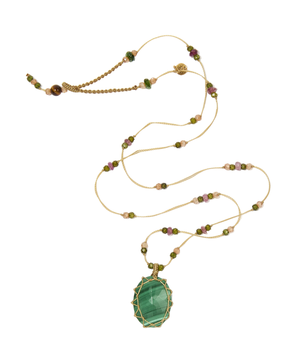 Collier court tibétain - Malachite - Mix Tourmaline Rose - Fil Beige