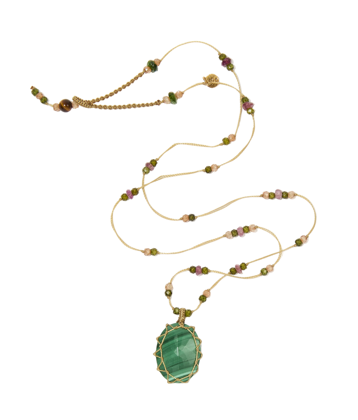 Collier court tibétain - Malachite - Mix Tourmaline Rose - Fil Beige