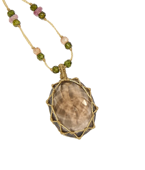 Collier Court Tibétain - Quartz fumé - Mix Tourmaline - Fil Beige